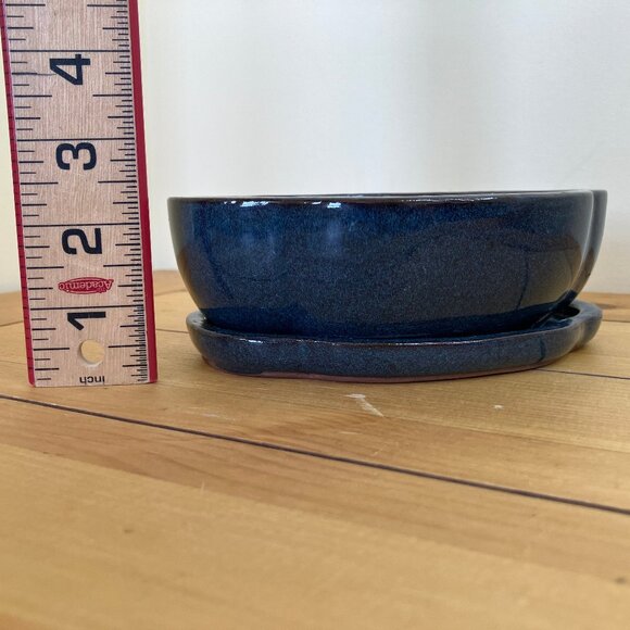 Bonsai Planter Lotus Shape Pot with Tray Blue Glaze Terracotta 6 1/2" Long - Picture 2 of 5